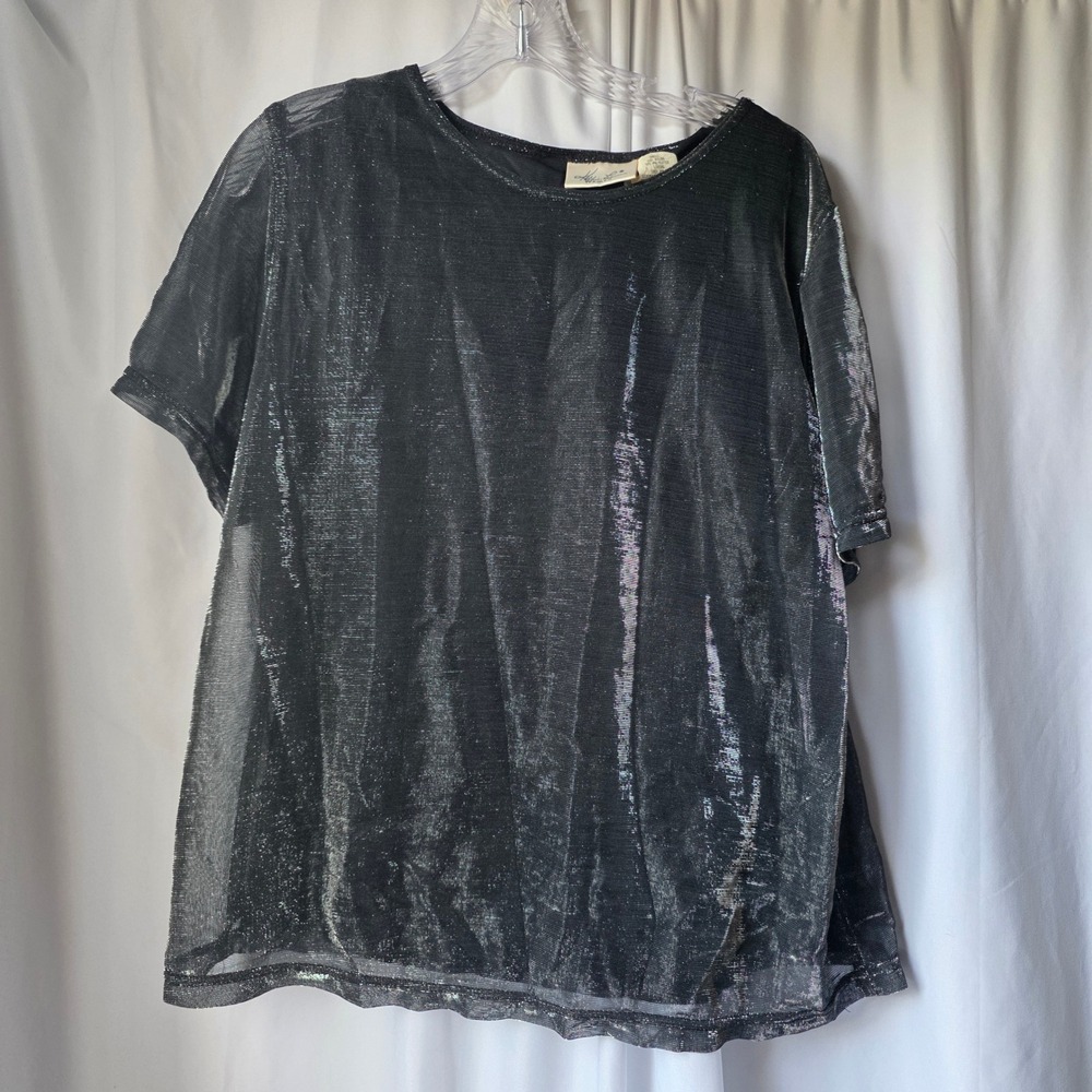 Kathie Lee Woman Vintage Metallic Silver Black Mesh Top Plus Size 18/20 62690-01